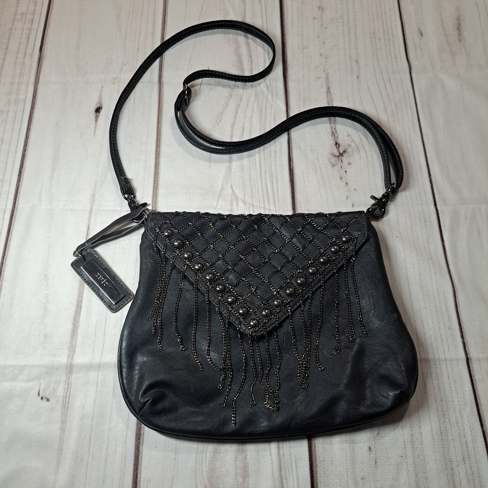 Dereon Black Fringe Crossbody Bag with Stud Detail